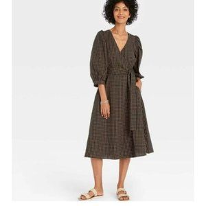 A NEW DAY brown blue plaid faux wrap dress puff sleeve xs s